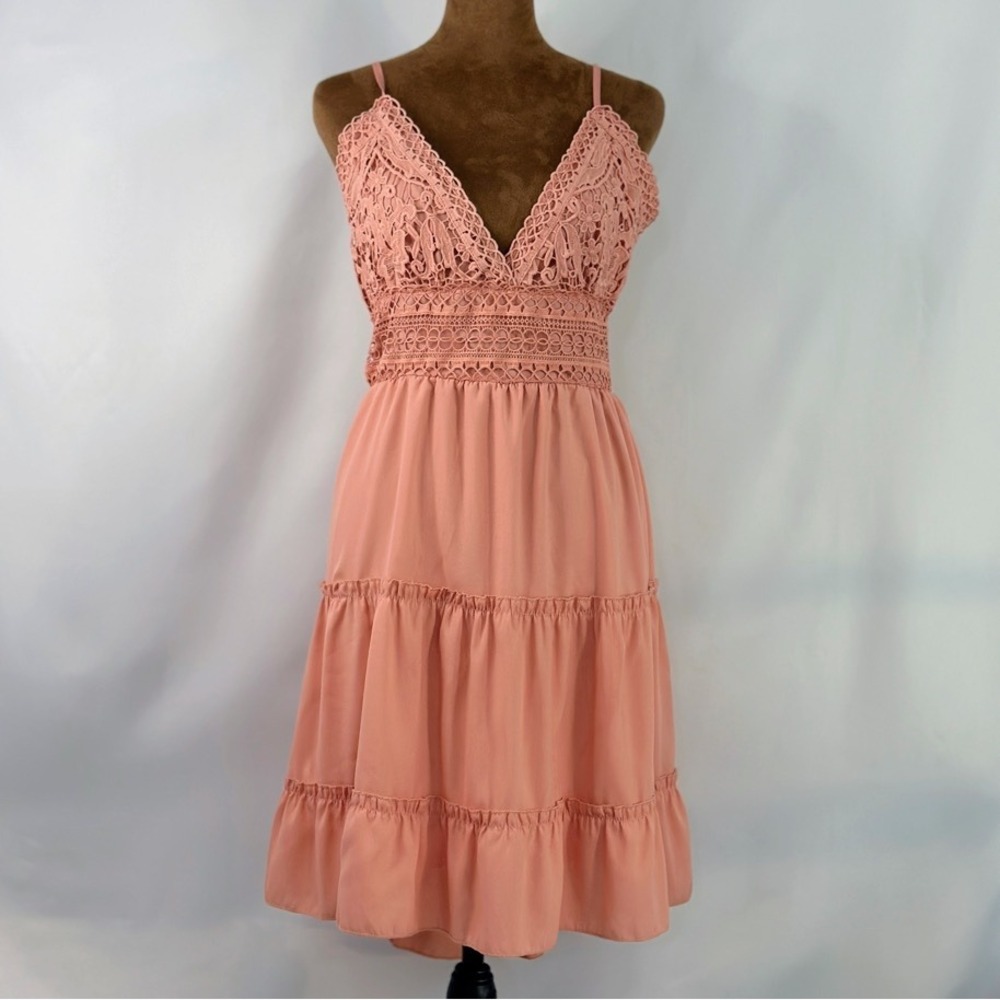ECOWISH Crochet Lace Tiered‎ Dress Women XL Coral Pink Good Boho Sun Dress